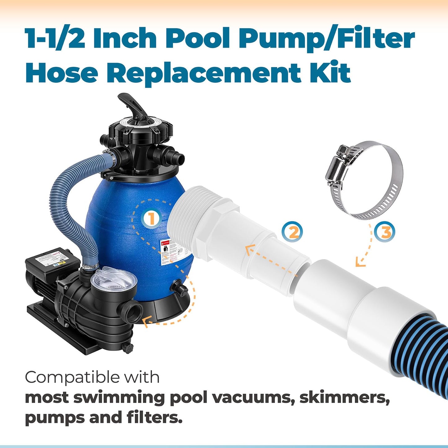 ANTOBLE 1 1/2" Swimming Pool Filter Hose Above Ground Pool Pump Hose Replacement Kit (6 Feet, 2 Hoses+4 Clamps+2 Adapters+2 Tapes)