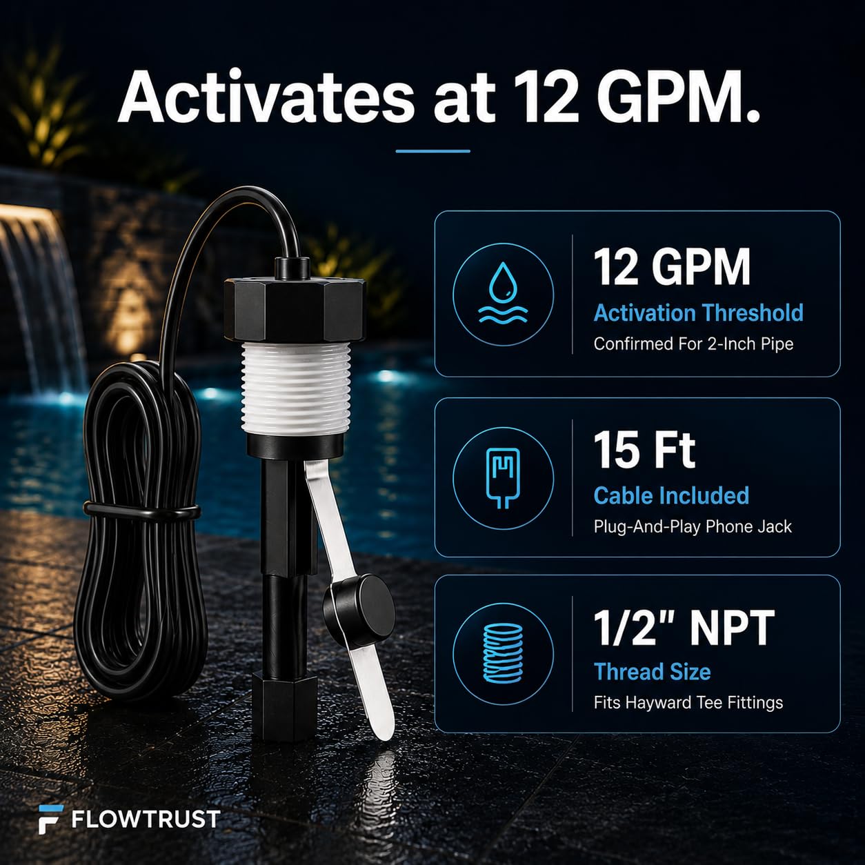 FlowTrust GLX-FLO-RP Flow Switch for Hayward Aqua Rite & Aquarite Salt Cell - Metal Sensing Pool Flow Sensor, 12 GPM, 15 ft Cable, Replaces Q-12DS-C2 & GLX-FLO-HP for Pro Logic, Aqua Logic, OmniLogic