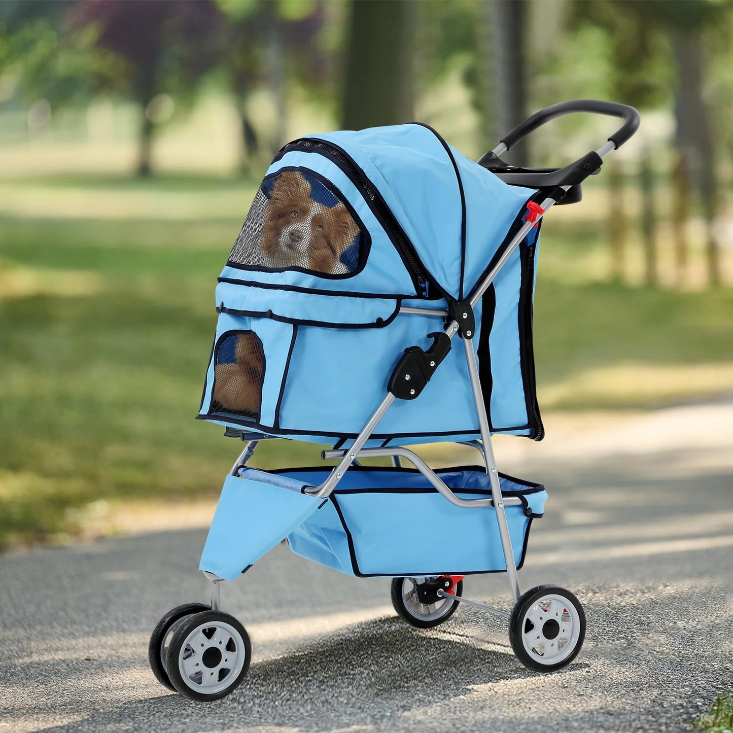 3 Wheels Dog Stroller, Foldable Pet Stroller for Small Medium Dogs, Portable Breathable Cat Stroller Dog Strollers with Storage Basket, Cup Holders, Removable Liner for Travel & Outdoor Use, Blue