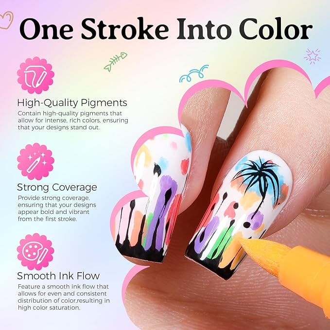 24 Colors(12Pcs-dual) Nail Art Pens Set, 3D Nail Polish Pens Quick-Drying Acrylic Paint Markers, Dotting Liner Brush for DIY Nail Design, Home & Salon Manicure Tools, MarkerPen