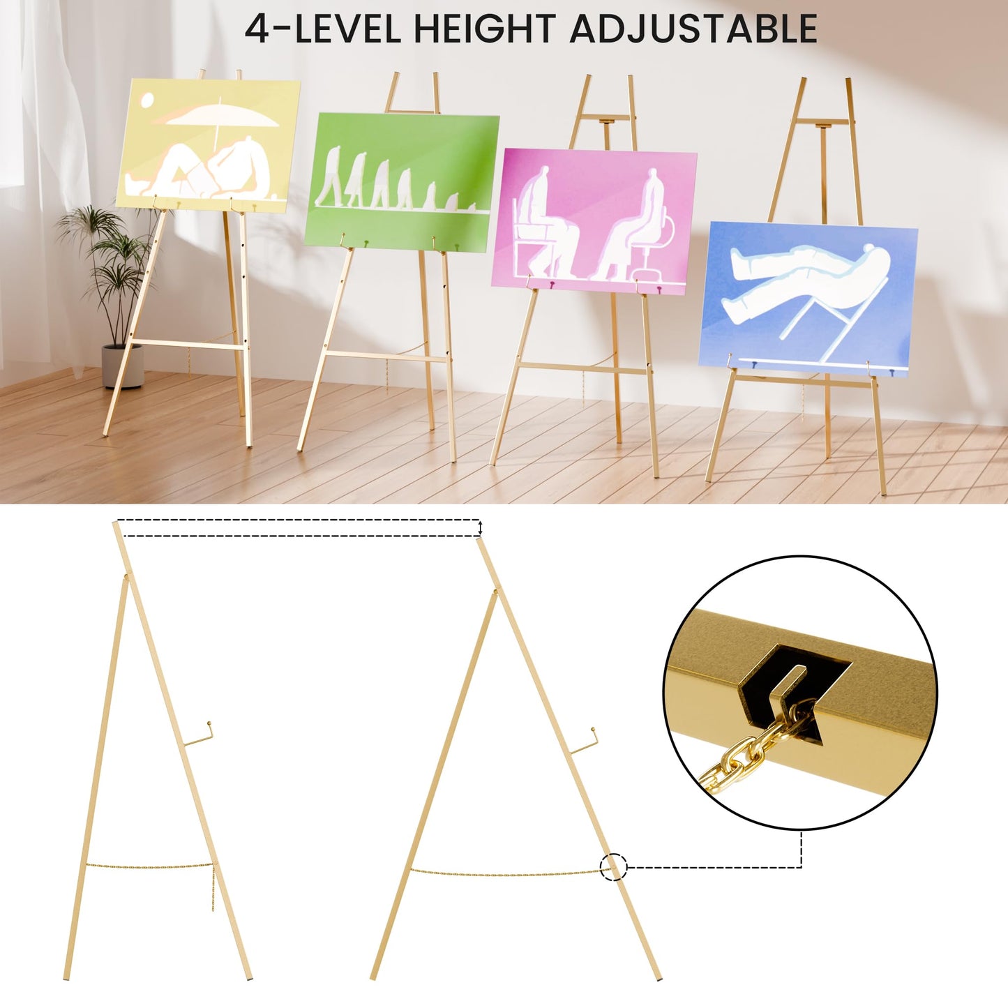 Gold Easel Stand for Sign, Heavy Duty Easel, 4-Tier AdjustableArt Easel for Painting, Wedding Sign 2pc