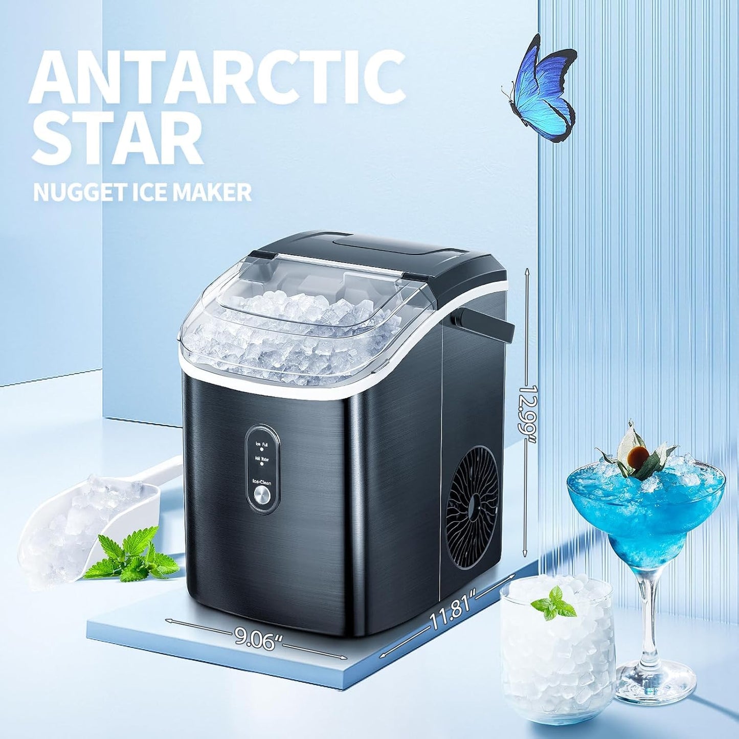 Nugget Countertop Ice Maker with Soft Chewable Pellet Ice, Pebble Portable Ice Machine, 34Lbs/24H, Self-Cleaning, Sonic Ice Maker, One Button Operation, for Kitchen,Office Stainless Steel Silver