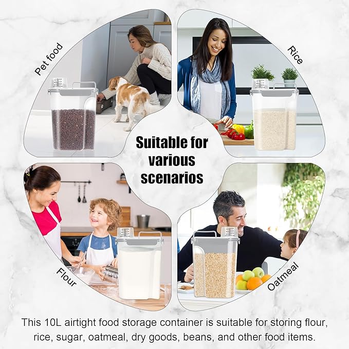 10-13 Lbs Upgrade Capacity Dog Cat Food Storage Container, Pet Dog Treat Container, Airtight, Clear Bucket Body, With 2-Cup Scoop, Handle, Large Nozzle, 4-Safety Buckles, Easy to Clean, Gray