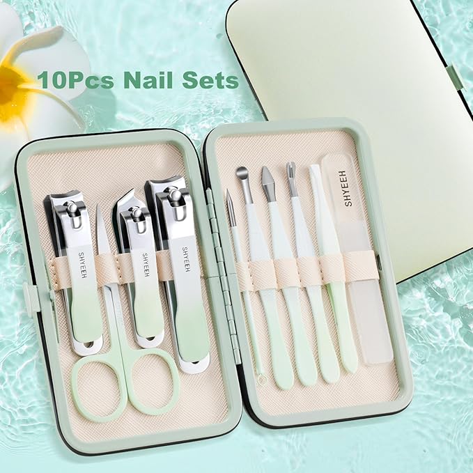 Manicure Set, 10 pcs High-Carbon Steel Nail Clippers Set, Portable Mini Manicure and Pedicure Kit, Travel Grooming Nail Kit with Leather Bag for Men and Women