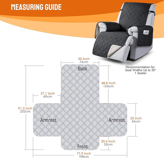 VANSOFY 100% Waterproof Recliner Chair Covers, Recliner Cover Non-Slip Dog Chair Cover Furniture Protector Washable Slipcover with Pocket, Elastic Straps for Pets, Dogs(Black, 30")