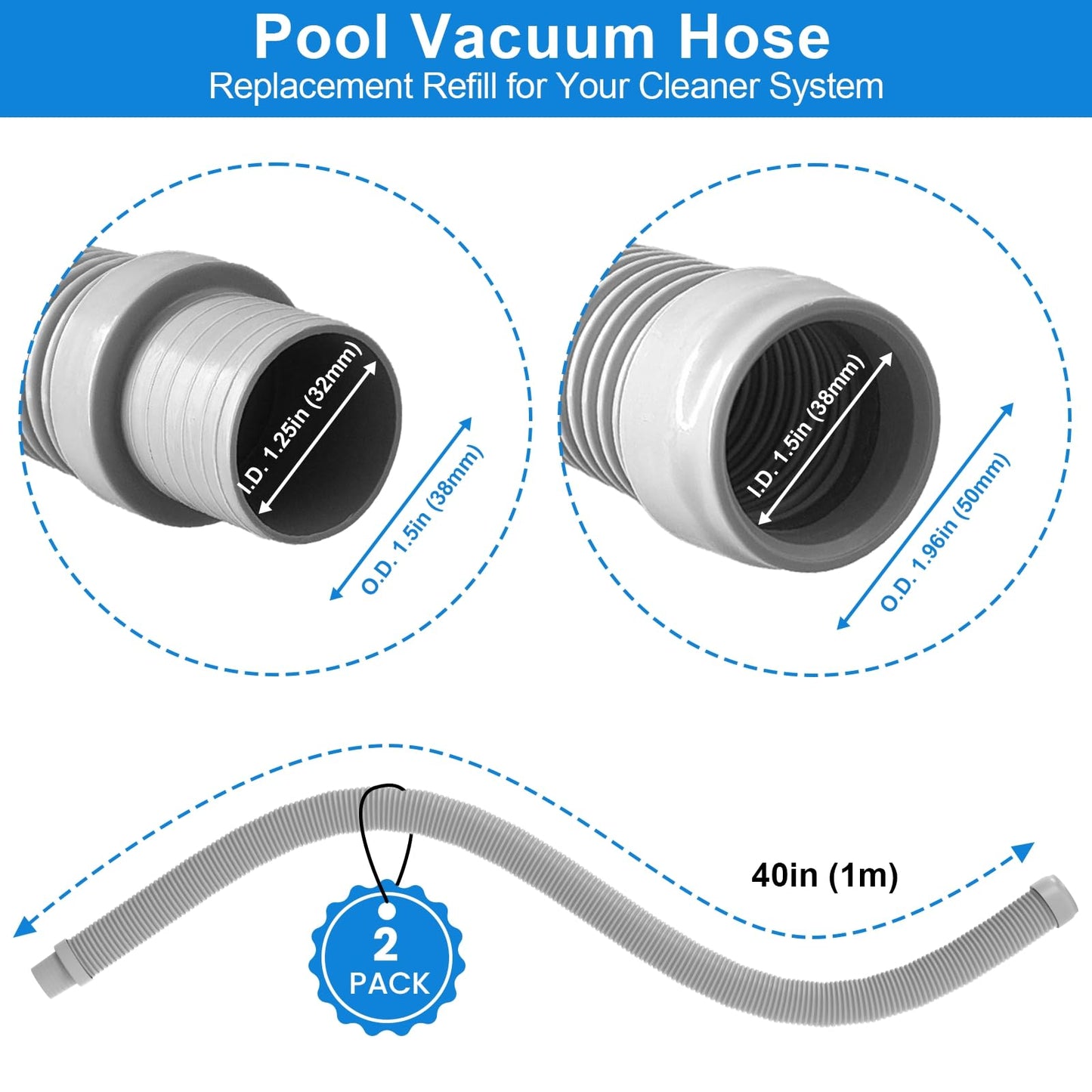 Poolvio Pool Vacuum Hose 2-Pack, Spare & Replacement, 40" Flexible Spiral-Wound Hose with 1.5" Male & Female Cuff Ends, Compatible with Most Inground Pool Automatic Cleaners, Gray