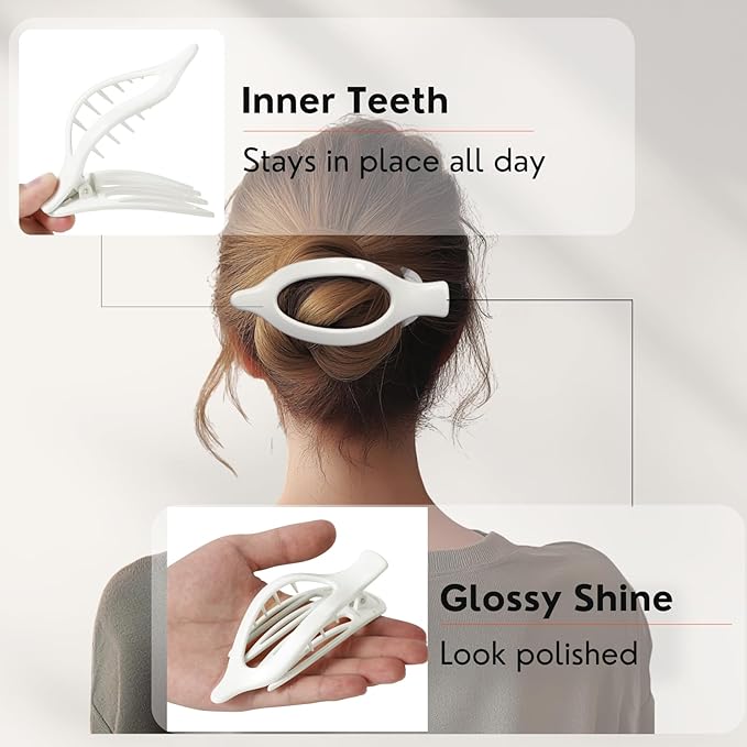 8 Pack Glossy White Flat Hair Clips for Women – Sleek Non-Slip Claw Clips with Strong Hold, Minimalist Hair Accessories for Bridal, Office, or Everyday Wear