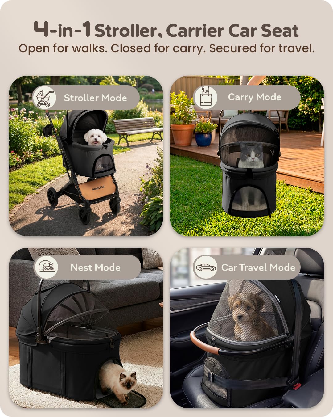 PAWLALA Pet Stroller with Detachable Carrier for Small & Medium Dogs & Cats, Smooth Comfort Ride with Shock-Absorbing Suspension, Foldable Dog Stroller, Compact Storage (Midnight Black)