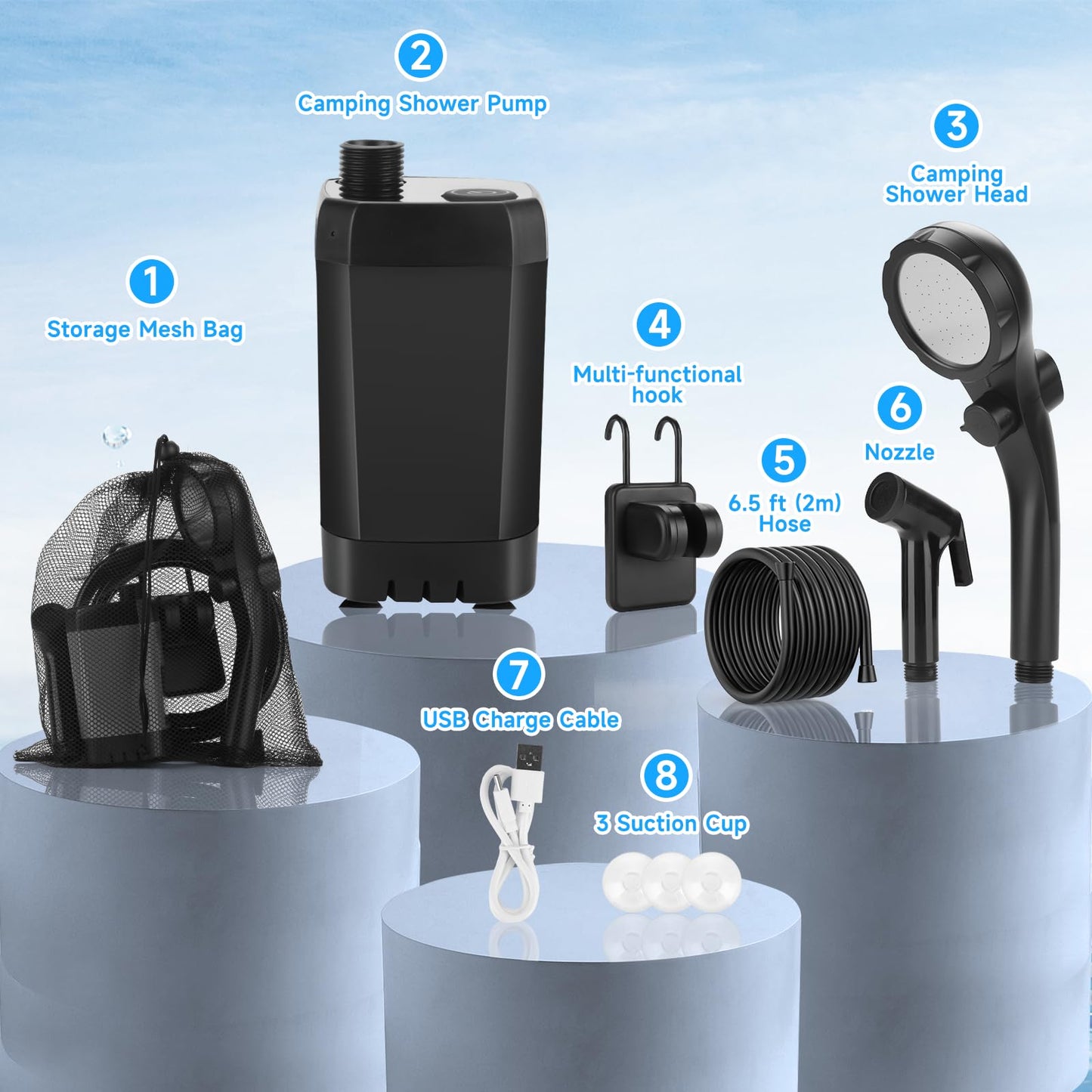 vignuto Portable Shower for Camping, Rechargeable Camping Shower kit with LED Display of Battery Level and Temperature, Lasting-150 Mins, Suitable for Outdoor Shower, Pet Bath, Car Washing