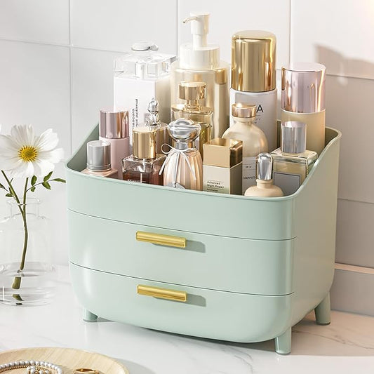 Vtopmart 3-Tier Skincare Makeup Organizer with Drawers for Vanity and Bathroom Countertop, Large Cosmetic Storage Box Case for Dresser, with Non-Slip Base, Green