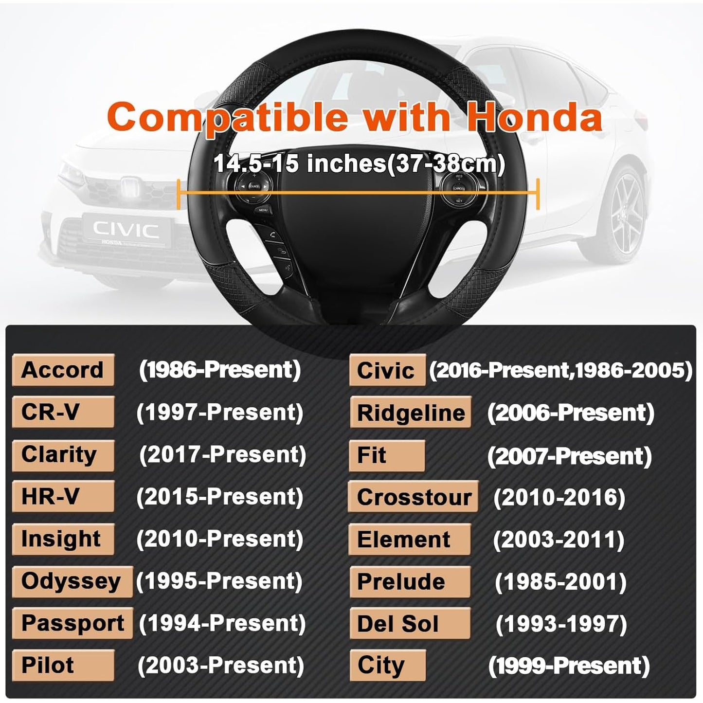 GIANT PANDA Microfiber Leather Steering Wheel Cover for Honda Accord,Civic,CR-V,HR-V,Pilot(Diamond-Pattern-Black-Standard Size)