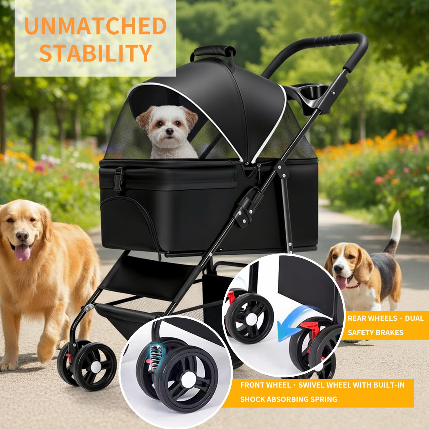 3-in-1 Dog Strollers for Small/Medium Dogs Cats,4 Wheels Pet Stroller,Detachable Carrier Basket,Breathable Mesh,Storage Basket,Cup Holder,Weather Cover,Black
