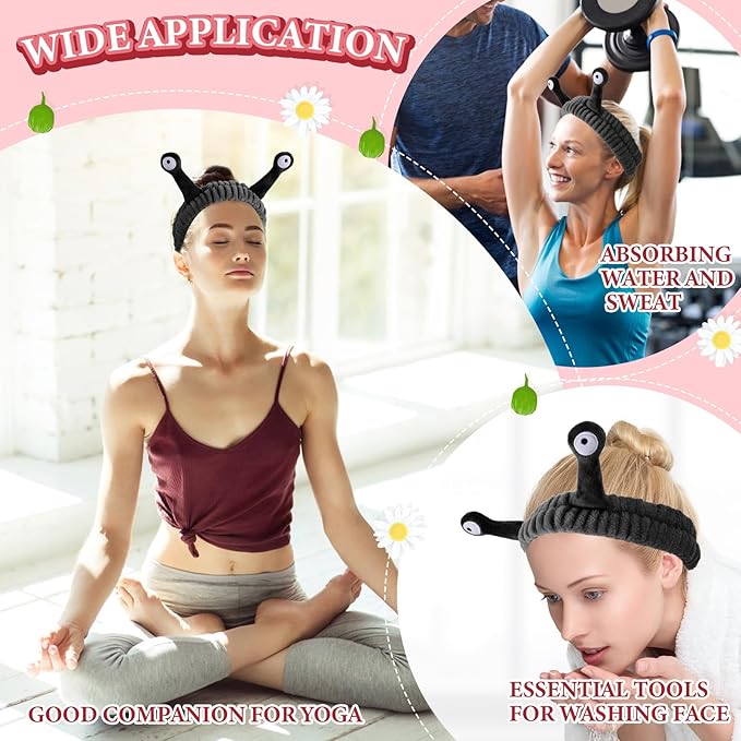 Spa Headband Facial Makeup Head Band Microfiber Soft Coral Fleece Head Wraps Snail Cartoon Cute Hair Accessories Elastic Skincare Hair Band for Women Girls Washing Face Beauty (Black)