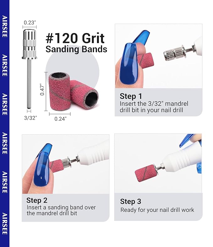 AIRSEE Sanding Bands for Electric Nail Drill 100 Piece Set 120 Grit Coarse Acrylic File Attachments Professional 1 Sander Mandrel Bit Beauty Salon Accessories Manicure and Pedicure Finger Callus Pink