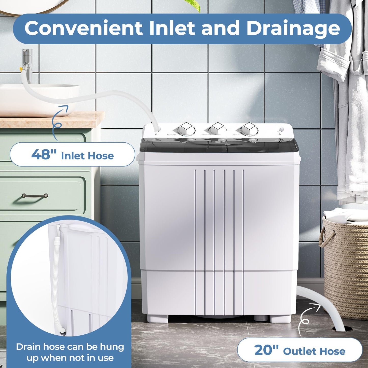 Giantex Washing Machine, 20Lbs Capacity, Washer and Spinner Combo, Portable Compact Twin Tub 12Lbs Washing and 8Lbs Spinning, Inlet and Drain Hose, Laundry Washer for Apartment RV Dorm