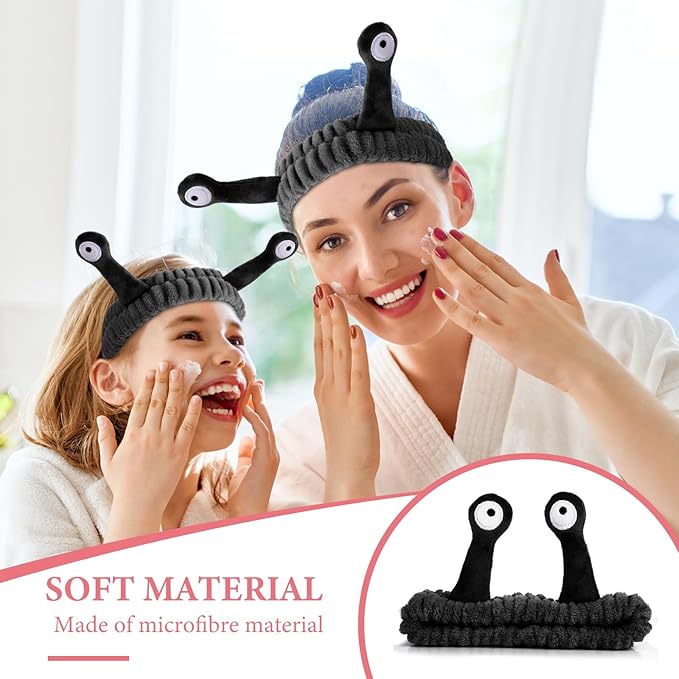 Spa Headband Facial Makeup Head Band Microfiber Soft Coral Fleece Head Wraps Snail Cartoon Cute Hair Accessories Elastic Skincare Hair Band for Women Girls Washing Face Beauty (Black)