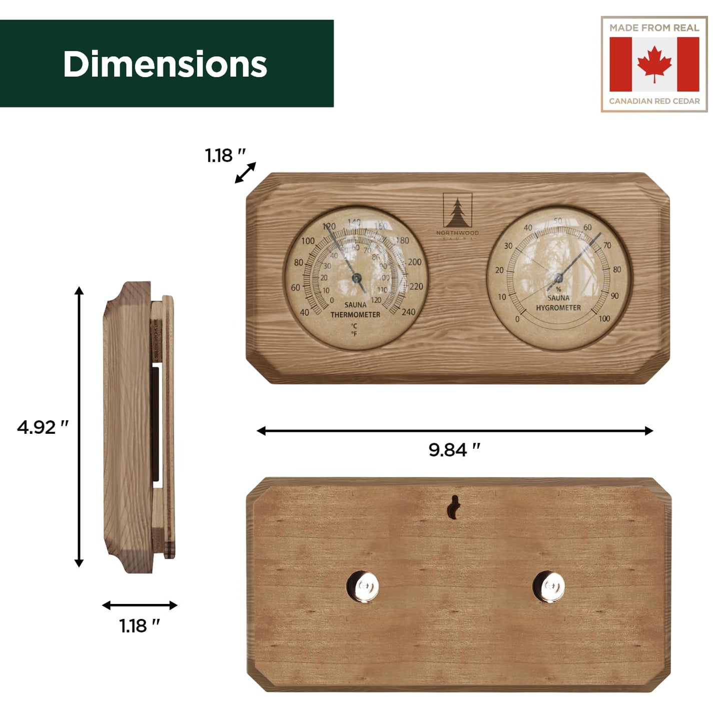 Northwood Sauna - Sauna Thermometer and Hygrometer 2 in 1 - Fahrenheit & Celsius - Handmade from Canadian Red Cedar Wood - Luxurious Golden Metal Dials