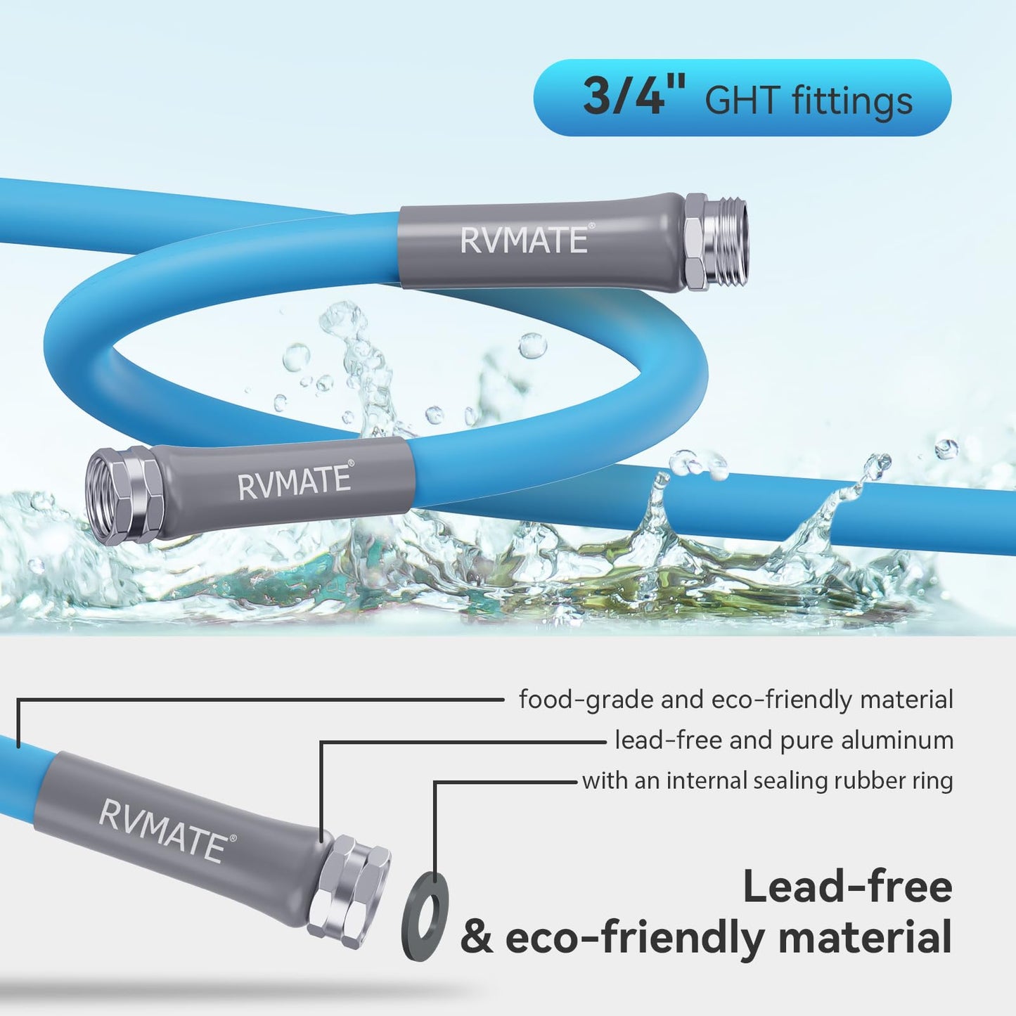 RVMATE RV Water Hose 15FT, 5/8” Inner Diameter Drinking Water Hose Lead-free, No Leaking Garden Hose For RV/Trailer/Camping, RV Accessories