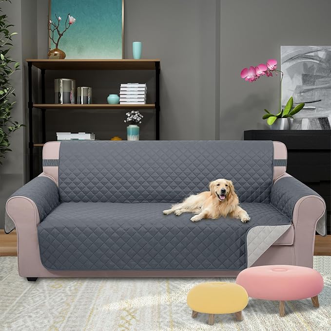U-NICE HOME Reversible 4 Seater Sofa Cover 91 Inch Large Couch Covers for 4 Cushion Couch with Elastic Straps Water Resistant Furniture Protector for Pets Cat (Sofa XX-Large, Dark Blue/Light Grey)
