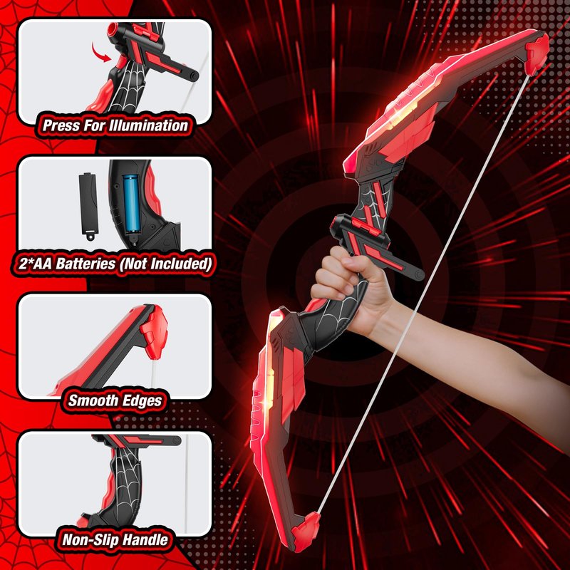 HYES Bow and Arrow for Kids, LED Light Up Archery Set with 12 Suction Cup Arrows, 1 Hanging Target, 3 Score Targets & 1 Quiver, Indoor Outdoor Sport Gifts for Boys Girls Ages 4-12, Black