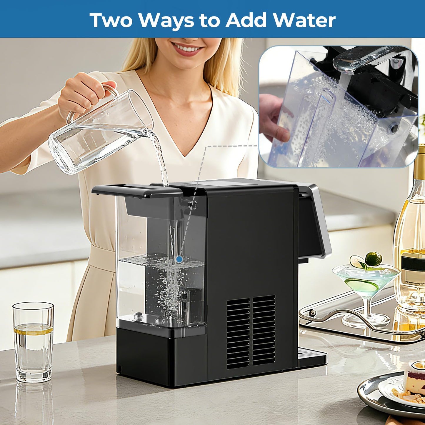 Antarctic Star Countertop Ice Maker & Cold Water Dispenser, 3.3L Removable Water Tank, 9 Bullet Ice Cubes per 8 Mins, 26lbs/24H, 2 Ice Size Options, Ideal for Home/Office/Dorm