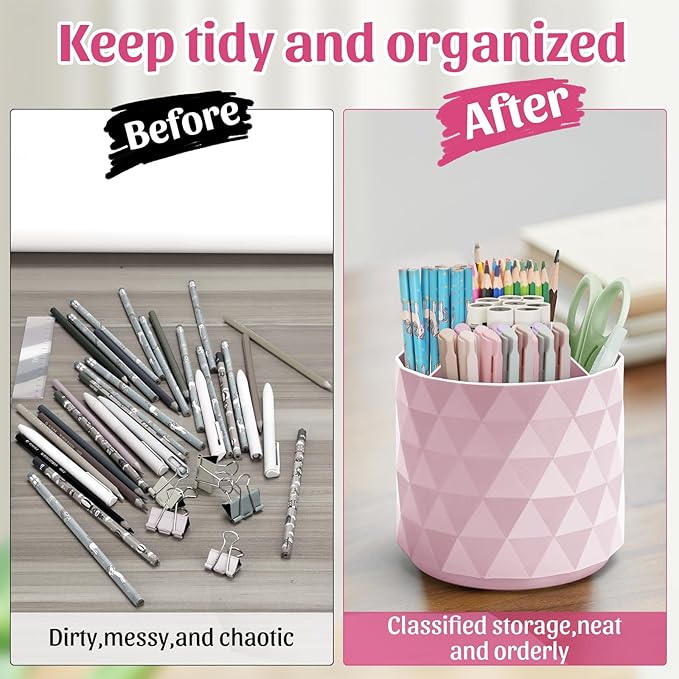 minimaliving Desk Organizer,Sparkling Diamond-like Pen Holder for Desk 360ÃÂ°Rotating Office Accessories,Pencil Cup with 5 Compartments Storage Box Caddy for Office,School,Home,Art Supply(Pink)