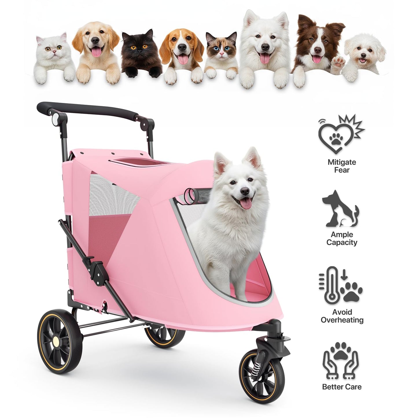 MoNiBloom Pet Stroller for Large Dogs or Multiple Dogs Cats with Adjustable Handle, 3-Wheels Dual Entry Portable Dog Carting Easy Folding Pet Wagon Double Dog Stroller up to 55 lbs, Pink