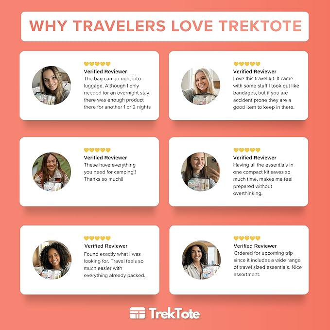 TrekTote Women’s 12 Piece Travel Hygiene Kit, Travel Size Toiletries Set with Cosmetic Bag, Carry On Essentials for Flights, Weekend Overnight Stay, Emergency Kit