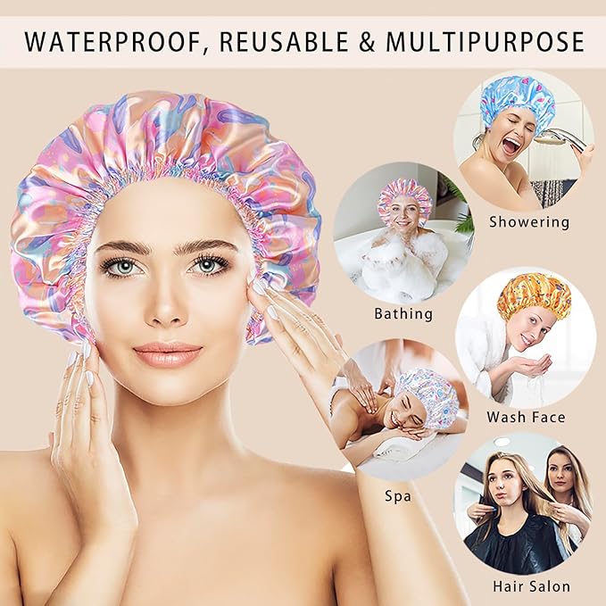 4 PCS Shower Cap for Women, Elastic and Reusable Bath Caps, Double Layers Shower Caps Reusable Waterproof, Bathing Shower Caps, Environmental Bath Hair Protection Cap - Watermelon