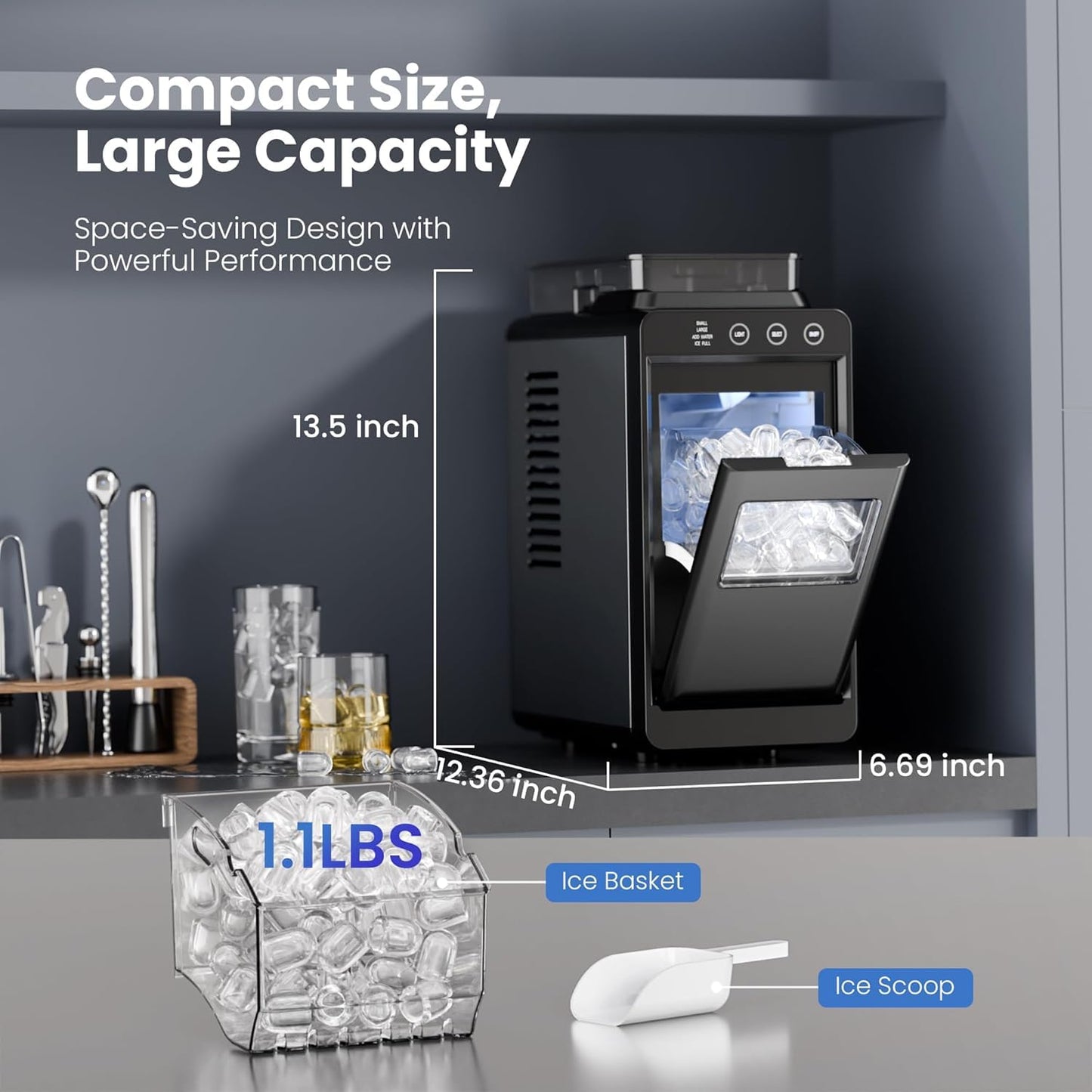 Electactic Countertop Ice Maker - 26Lbs/24H, 8 Cubes in 6 Mins, 1.2L Top Water Tank, 2 Sizes Bullet Ice, Auto-Clean & LED Light, Portable for Home Office Party
