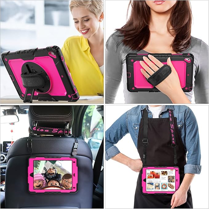 SEYMAC stock Case for iPad 6th / 5th Generation Case/Air 2 / Pro 9.7 inch, Heavy Duty Protective with Screen Protector, with Pencil Holder, Hand Strap, Shoulder Strap, 360 Rotate Stand, Pink+Black