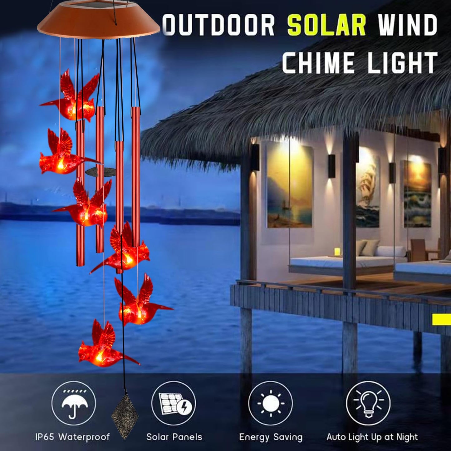 Cardinal Wind Chimes, Red Cardinal Bird Solar Windchimes Outdoor, Red Bird Tubes Garden Decor, Sympathy Wind Chimes,Memorial Gift,Mothers Day for Grandma,Sister Gifts for Women,Friend Birthday Gift