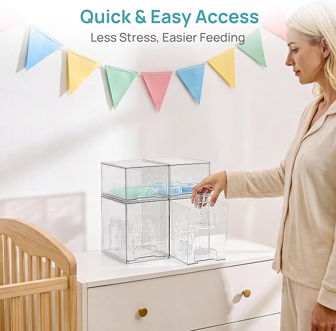Vtopmart 4 Pack Clear Baby Bottle Organizer Set, Stackable Storage Drawers Ideal for Kichen Countertop, Vanity, Bathroom, Cabinet, Pantry Organization