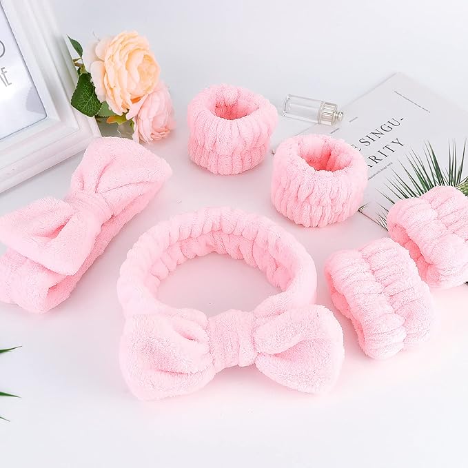 Casoty 6 Pcs Pink Spa Headband and Wristband Set, Microfiber Material, Strong Elasticity, Wide Application for Makeup, Yoga, Reading, Work, Halloween Costume, Pajama Parties, Mother's Day Gift