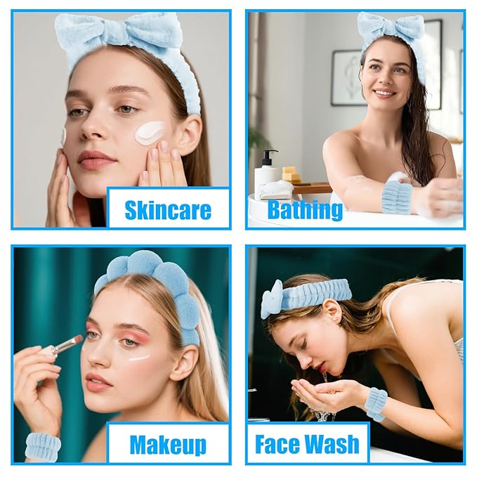 Canitor Spa Headband Wrist Bands Hair Clips Set Skincare Makeup Self Skin Care for Women Washing Face College Grandkids Clean Girl Gifts Cute Trendy Stuff Aesthetic Things Blue Stocking Stuffers