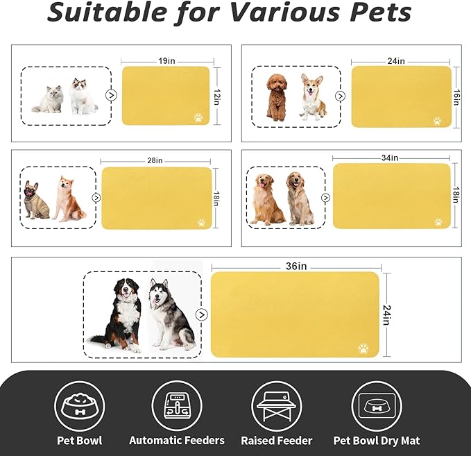Dog Food Mat - Absorbent Cat Mat for Food and Water, No Stains Pet Feeding Bowl Mat, Easy to Clean Pet Placemats, Quick Dry Dog Water Dispenser Mat for Messy Drinkers | Paw Yellow 12"x 19"
