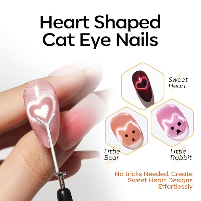 modelones Cat Eye Magnet Set, Heart French Cateye Gel Polish Nail Tools Kit Dual-Head 3 IN One Magnets Pen Heart Round Square Flower Glassy Moon Multi Effect Nail Art Designs Home DIY Salon Use