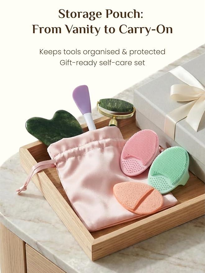 Rena Chris Gua Sha and Face Roller Set: Face Skin Care Tools with Facial Cleansing Brush, 2 Silicone Scrubber Pads & Face Sponge, Travel Bag, Self Care Gift