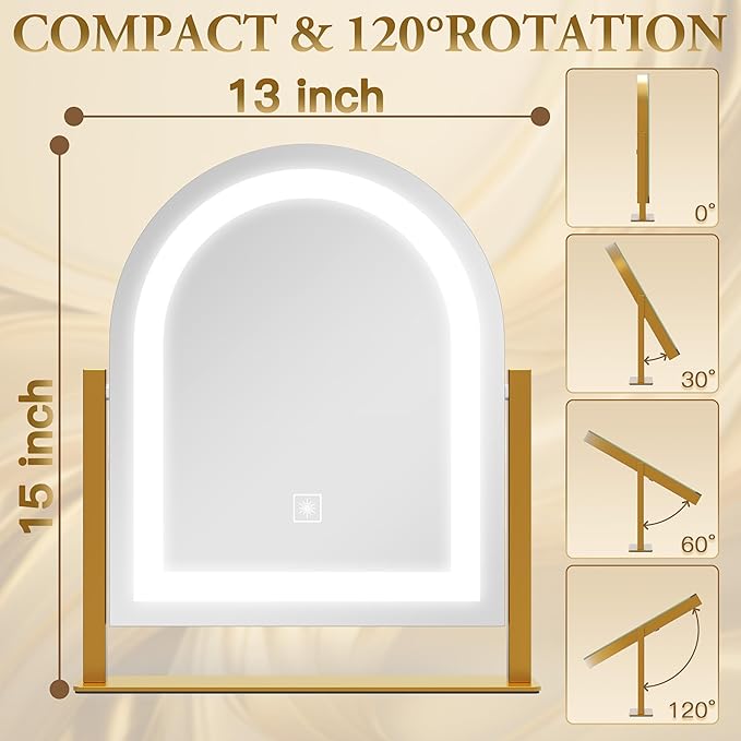 ROLOVE Lighted Makeup Mirror with 3-Color Dimmable Lighting, with Removable 10x Magnifier, Smart Touch Control, 360° Rotation, 15" x 13" Hollywood Vanity Mirror for Tabletop Desk (Gold)