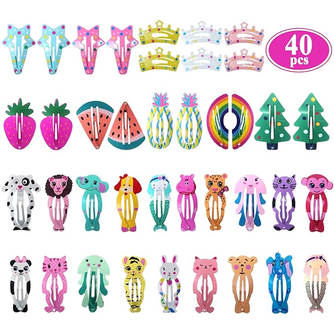 Funtopia Hair Clips for Girls,100 Pcs No Slip Metal Snap, Barrettes for Kids Teens Women, Cute Candy Color Cartoon Design Hair Pins (Animals Fruits Crowns Stars)