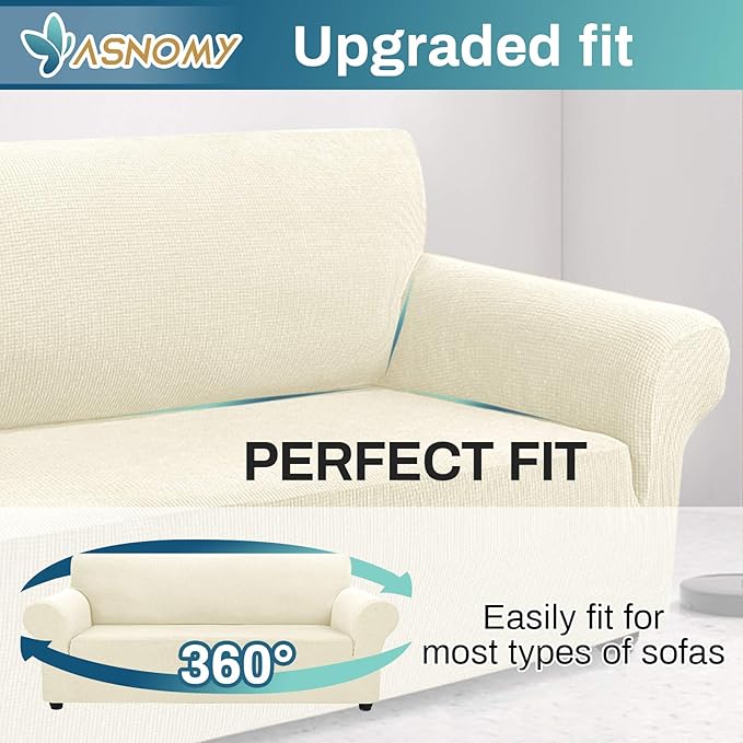 Asnomy Couch Covers for 3 Cushion Couch Stretch Sofa Covers Slipcovers, Pet Protector Furniture Covers for Dogs Cats Spandex Jacquard Fabric Small Checks （Large，Off-White）