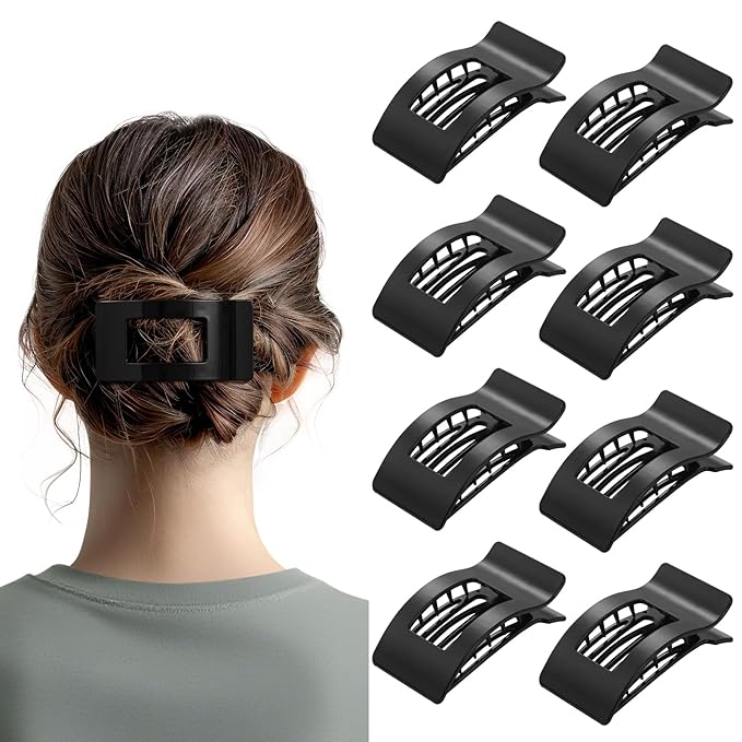 8 Pack French Flat Hair Clips for Women – Large Matte No-Slip Claw Barrettes for Thick & Thin Hair, Strong Hold Styling Accessories (Glossy Black)