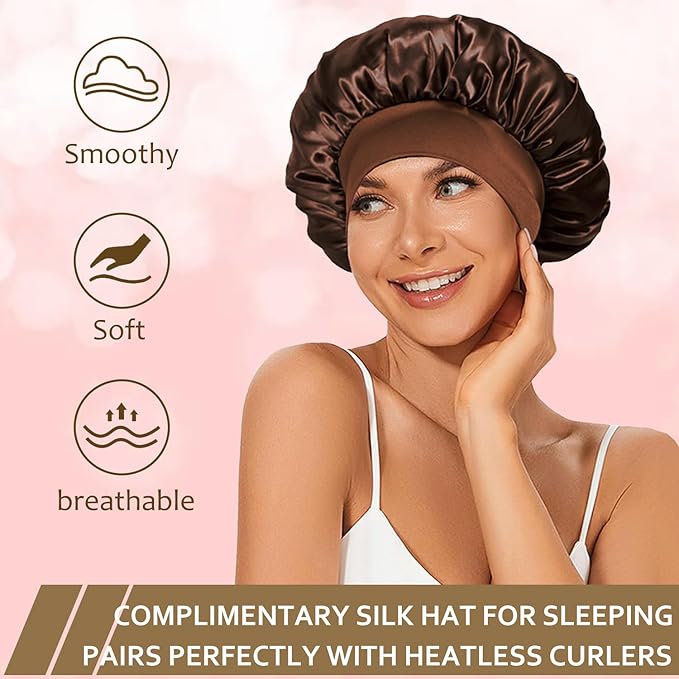 Satin Heatless Hair Curler,4 Piece Set,Overnight Heatless Curls, Not easy to slip Heatless Curling Rod You Can Sleep In, Soft Silk DIY Hair Styling Tools Kit, Silk Bonnet for Sleeping-Brown