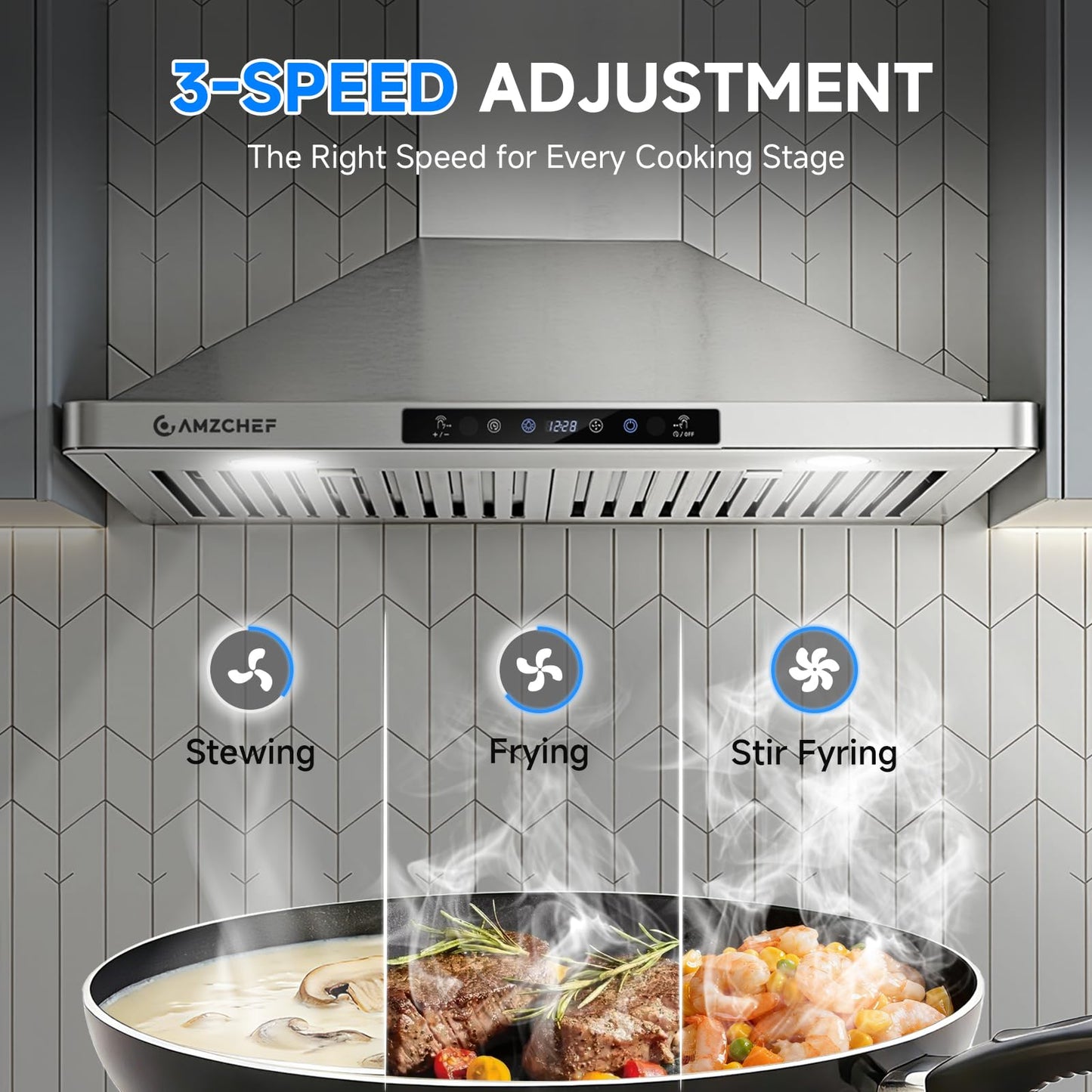 AMZCHEF Wall Mount Range Hood 30 inch: 1050 CFM Stainless Steel Kitchen Stove Vent Hood with 3 Speed Exhaust Fan, Touch/Remote/Gesture Control Kitchen Exhaust Fan with Dishwasher-Safe Baffle Filters