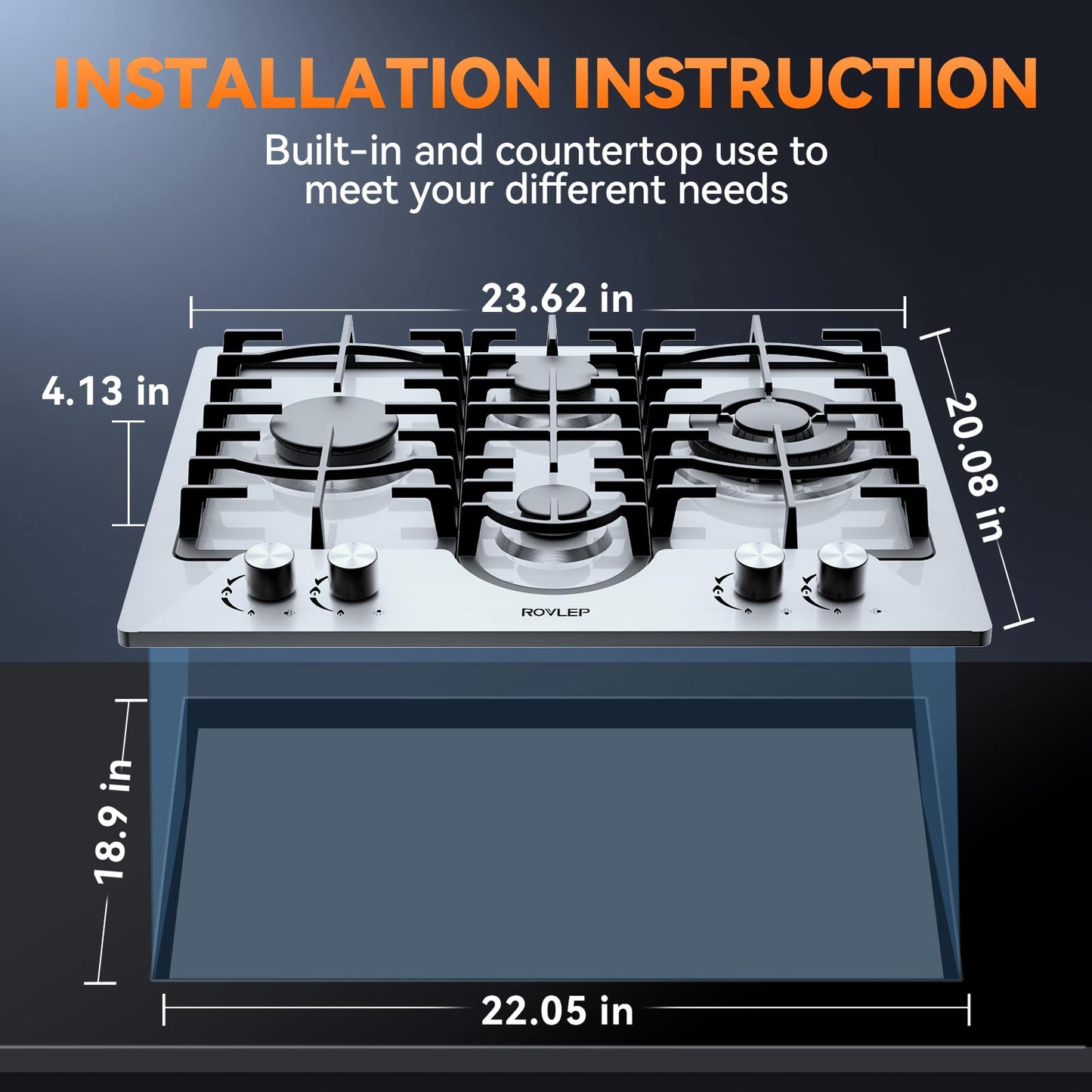 Gas Cooktop 24 Inch ROVLEP, Gas Stove Top Built-in 4 Burners Stainless Steel Total 31,600 BTU, 24Inch NG/LPG Convertible Propane Cooktop Dual Fuel, RV Stove Top with Thermocouple Protect