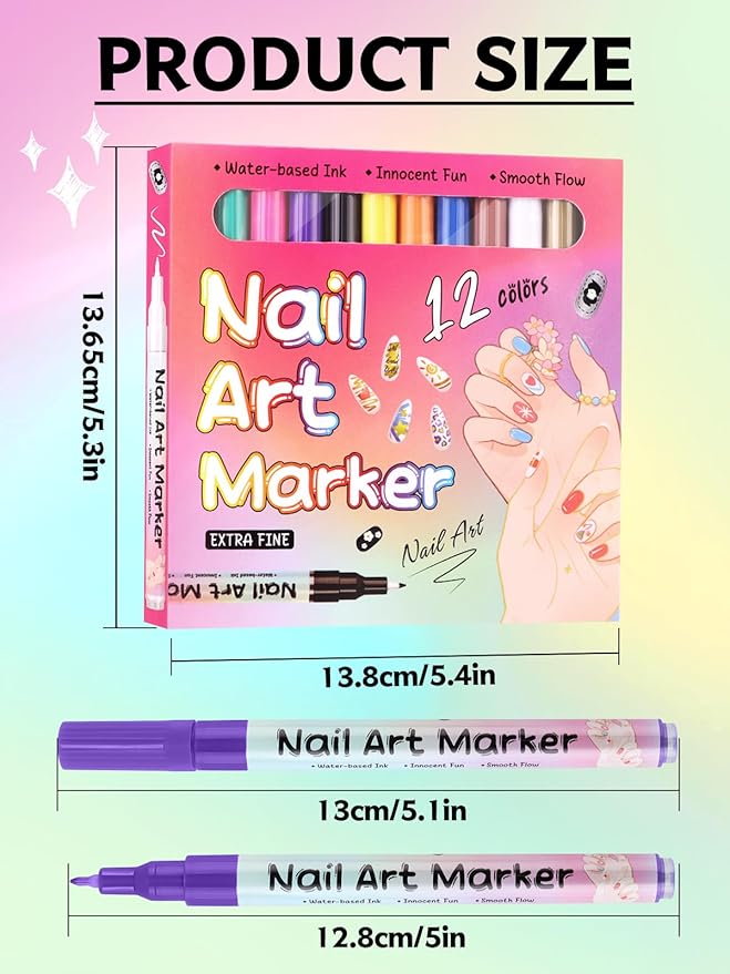 Kalolary 12 Color 0.5MM Nail Art Pens Set, 3D Nail Pens Nail Point Graffiti Dotting Pen Drawing Painting Liner Brush for DIY Nail Art Beauty Adorn Manicure Tools