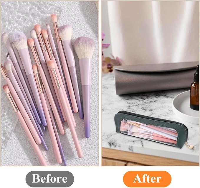 Small Clear Makeup Bag, PU Leather Travel Makeup Brush Pouch Portable Transparent Waterproof Cosmetic Organizer Pouch with Zipper for Women Home Travel Office Cosmetic Storage (Dark Green)