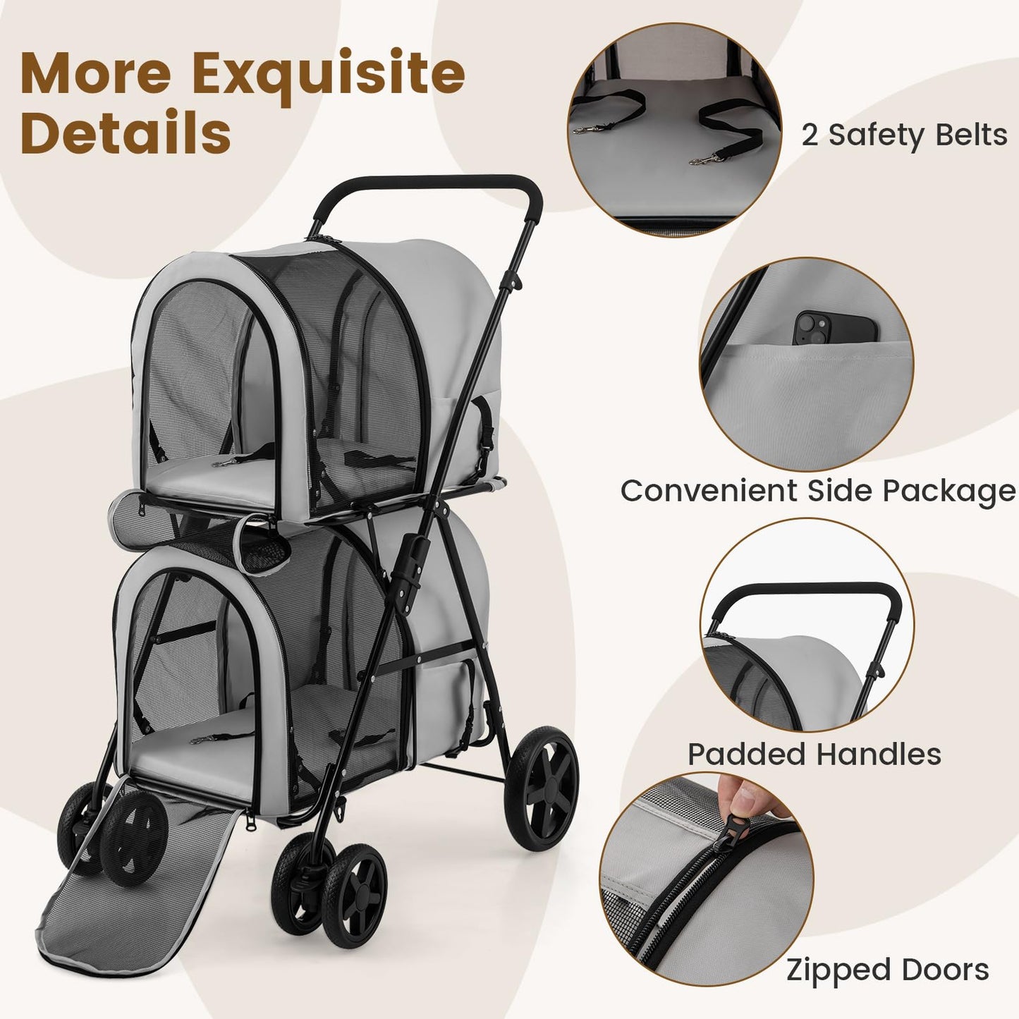 HAPPAWS Dog Stroller with 2 Detachable Carrier, Pet Stroller for Small Medium Dogs Cats, Jogger/Travel/Camping, 4-in-1 Doggy Pet Carrier, Carrier Strolling Cart with Lockable Wheels (Gray)