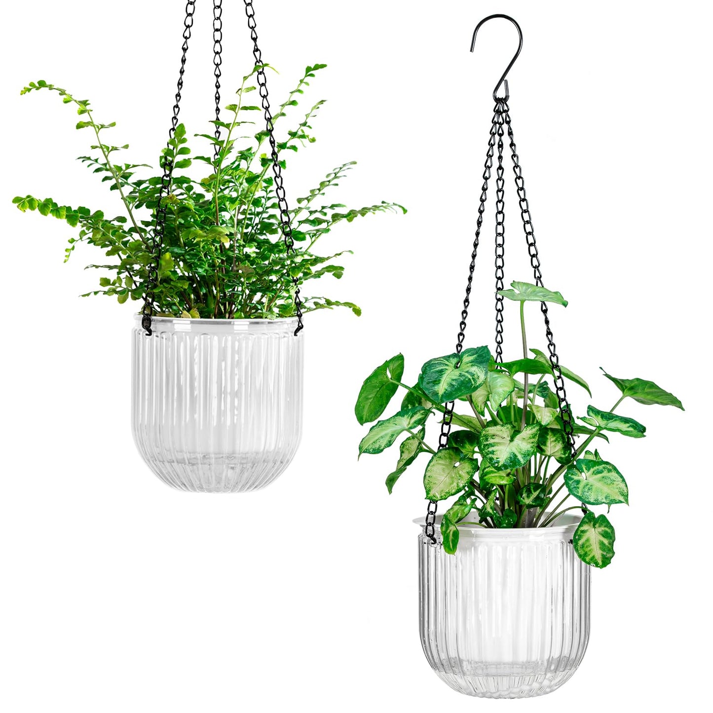 Melphoe 2 Pack Self Watering Hanging Planters Indoor Flower Pots, 5.3 Inch Outdoor Hanging Basket, Plant Hanger with 3Hooks Drainage Holes for Garden Home (White)