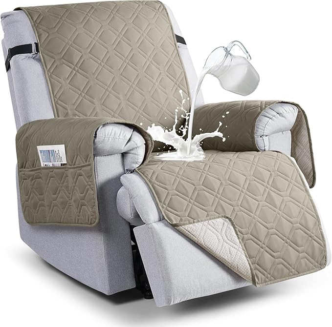 VANSOFY 100% Waterproof Recliner Chair Covers, Recliner Cover Non-Slip Dog Chair Cover Furniture Protector Washable Slipcover with Pocket, Elastic Straps for Pets, Dogs(Khaki, 25")